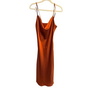 UTNISAN Satin Slip Dress Rust Orange Midi Adjustable Straps Size L sexy NWT